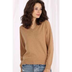 Minnie Rose V Neck Distressed Edges Camel Tan Cashmere Sweater L